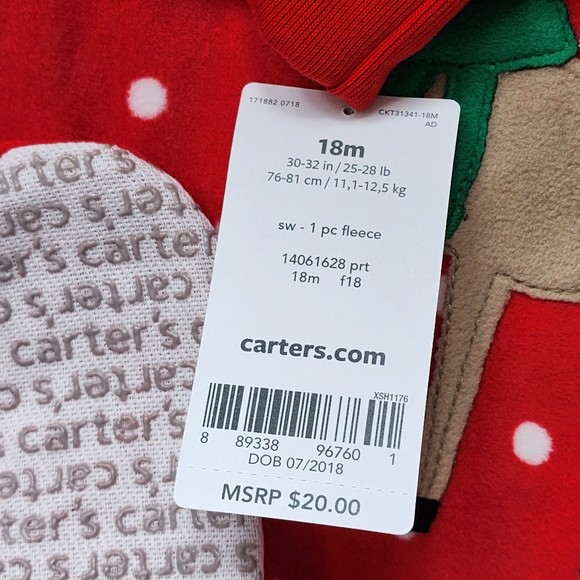Carter's One Piece Red Fleece Reindeer Grippy Sole Onesie 18M NWT - Picture 6 of 6